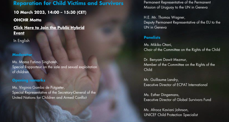 Rapport de l’événement parallèle organisé par les procédures spéciales des droits de l’homme des Nations unies sur la réparation pour les enfants victimes et survivants de la vente et de l’exploitation sexuelle