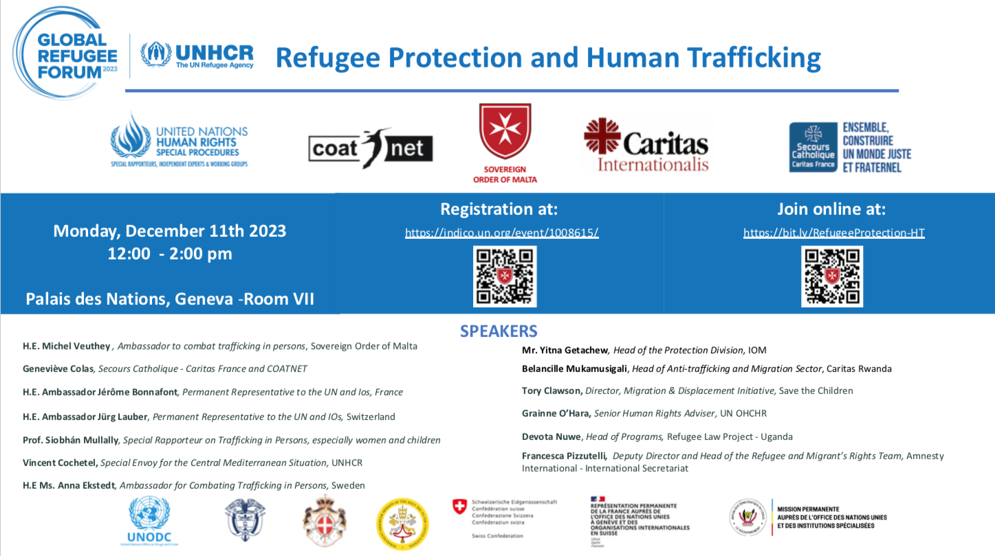 Side Event to the Global Refugee Forum – Refugee protection and Human Trafficking, December 11th, 2023