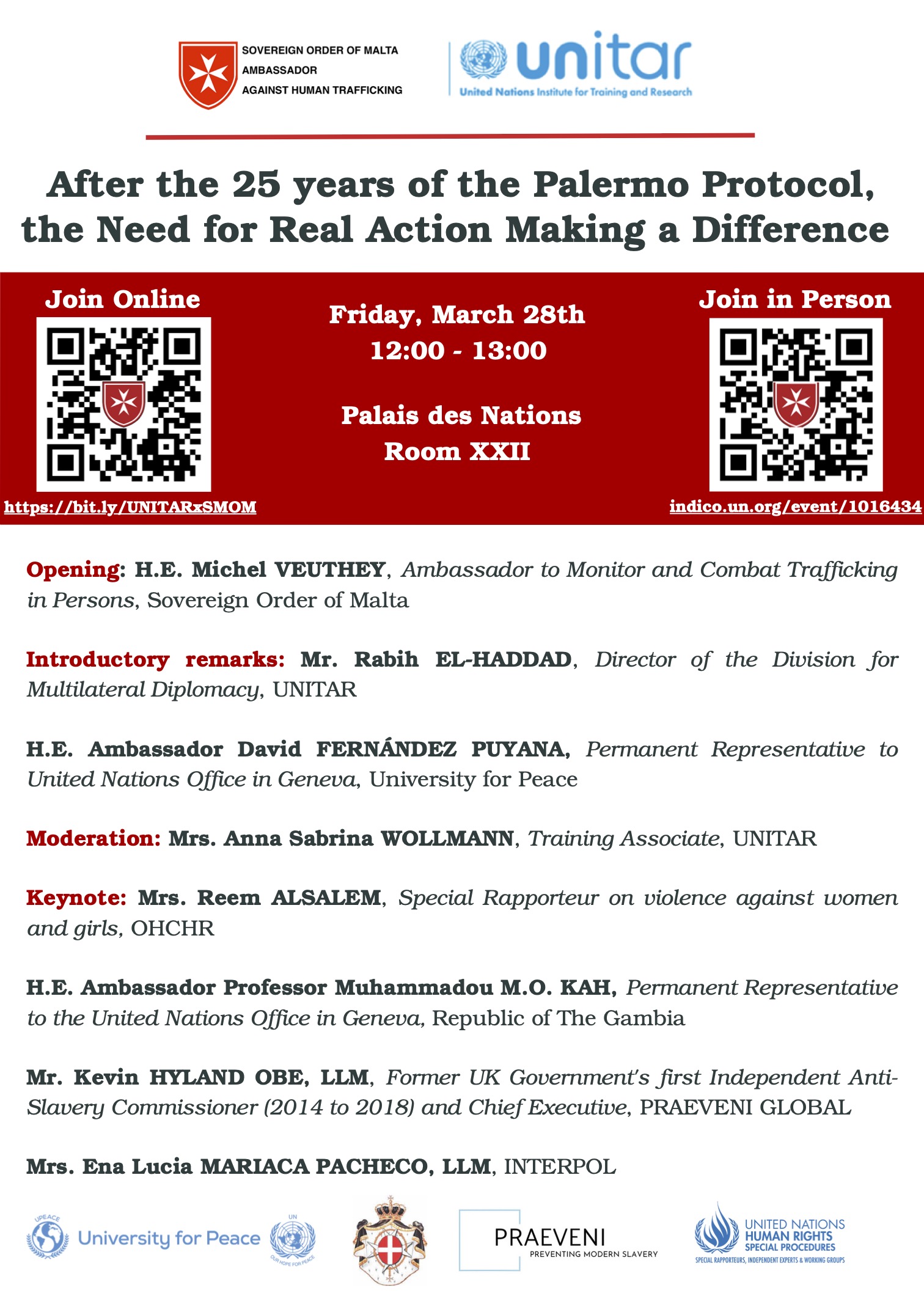28 MARCH 2025 — SIDE EVENT AT UNITED NATIONS GENEVA – Human Trafficking, After the 25 years of the Palermo Protocol, the Need for Real Action Making a Difference